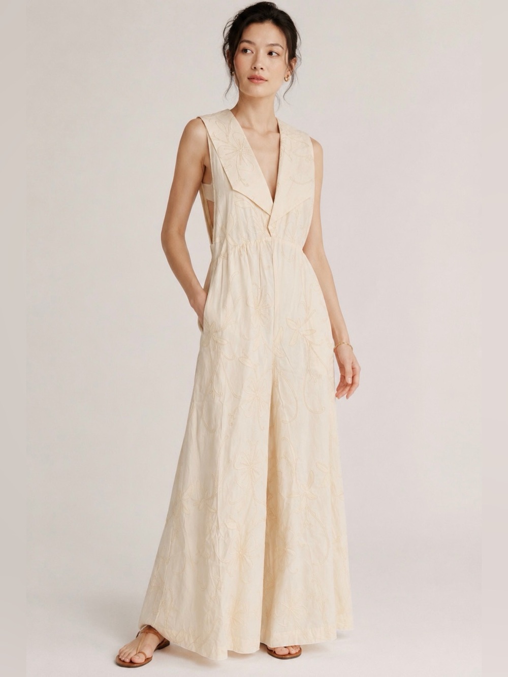Ollari New York Yvette Embroidered Wide Leg Jumpsuit Sand (Pale Yellow) S NWT